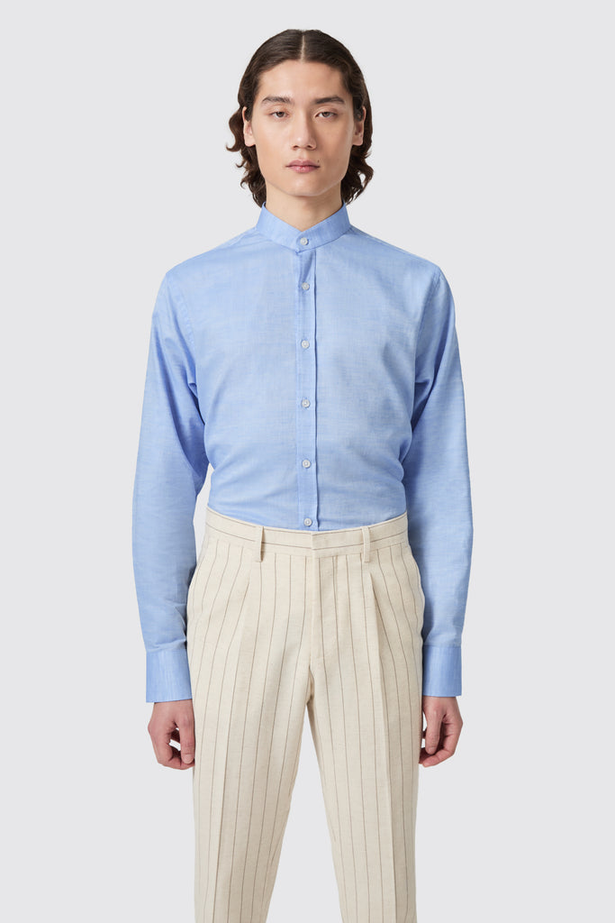 saunders-slim-fit-grandad-collar-blue-linen-shirt